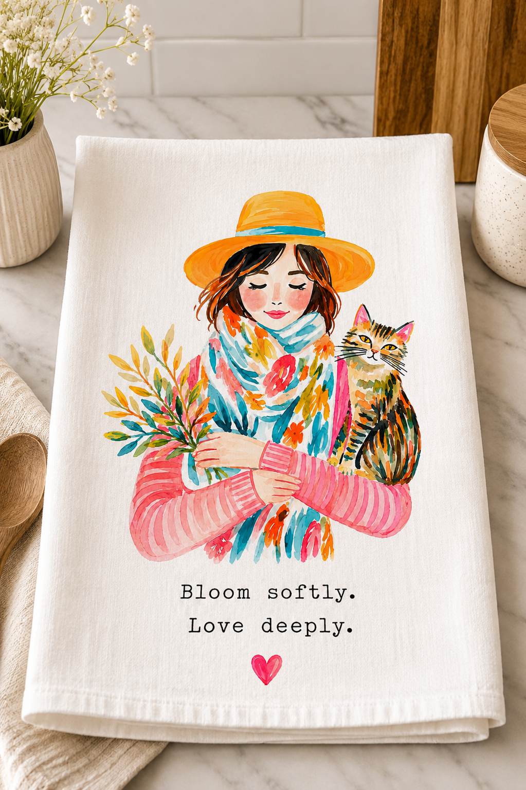 Bloom Softly. Love Deeply. Tea Towel